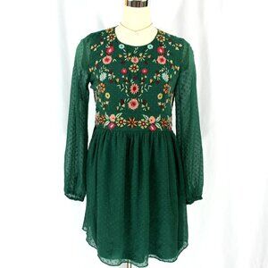 Zara Trafaluc Floral Embroidered Sheer Sleeve Layered Dress Green Boho Sm Whimsy